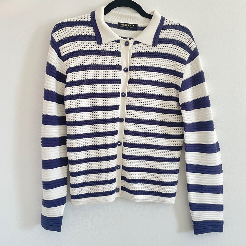 Joseph A Striped Collared Cardigan Sweater